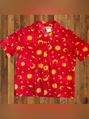 Vintage 90s Raindance Boys Medium Celestial Sun Moon Stars Button Up Shirt